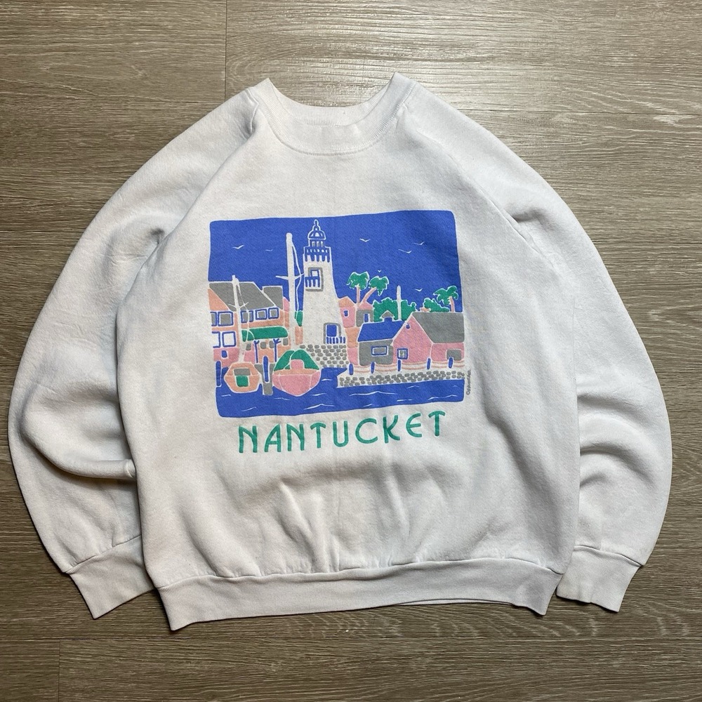 Vintage 80s Nantucket Crewneck Sweatshirt Men's M White Coastal Seaside READ